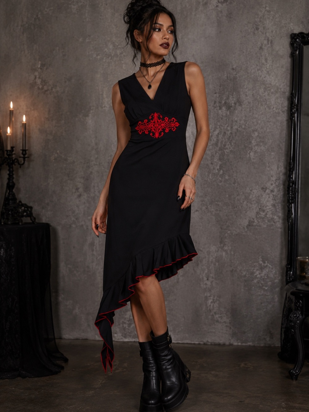 Vintage Savvy Asymmetrical Black Dress Red Embroidered and Hem